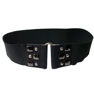 Wide black stretch belt with silver hardware
